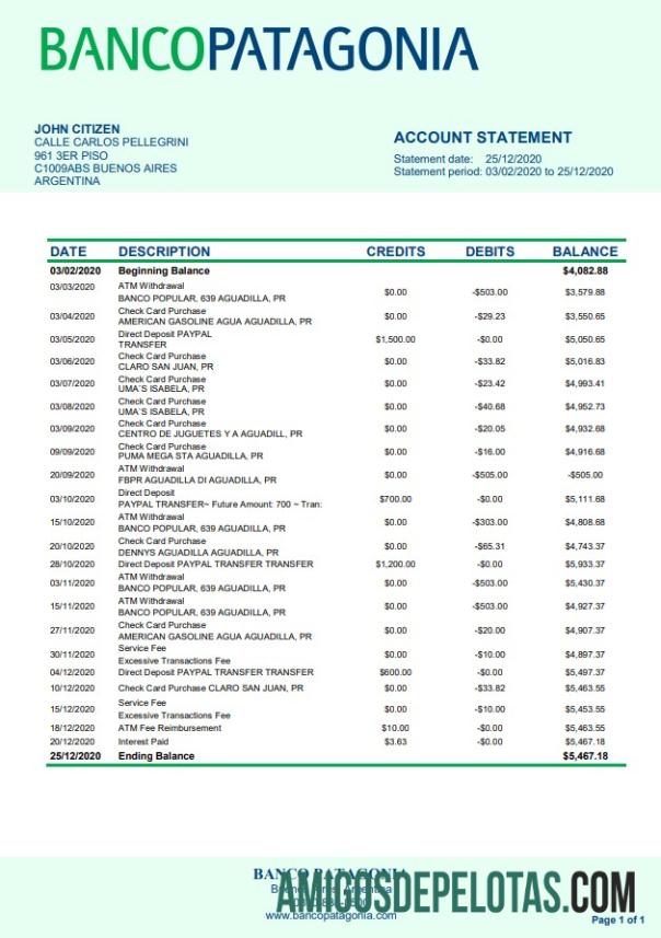 Argentina Banco Patagonia Bank Statement examplo